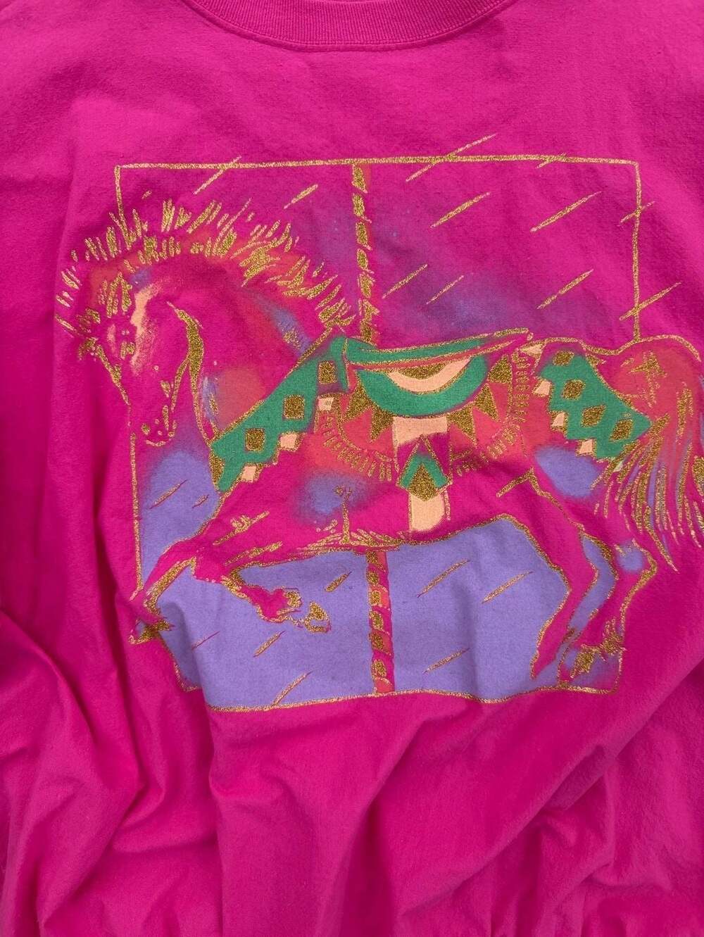 Vintage 80s Hot Pink Batwing Dolman Sleeve Carousel Graphic Sweatshirt - Picture 2 of 5